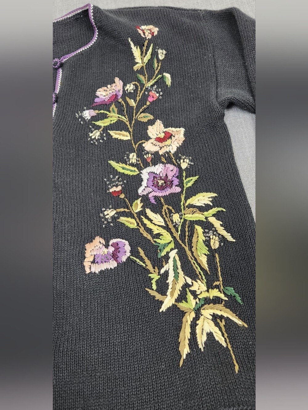 Tiara International Black Cardigan Floral Embroidered Design. Medium - Picture 2 of 8